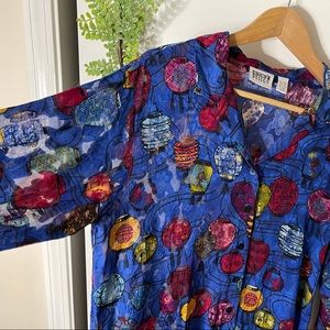 vintage silk royal blue pattern sheer blouse